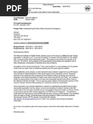 Understanding Risk Bat Coronavirus Emergence Grant Notice
