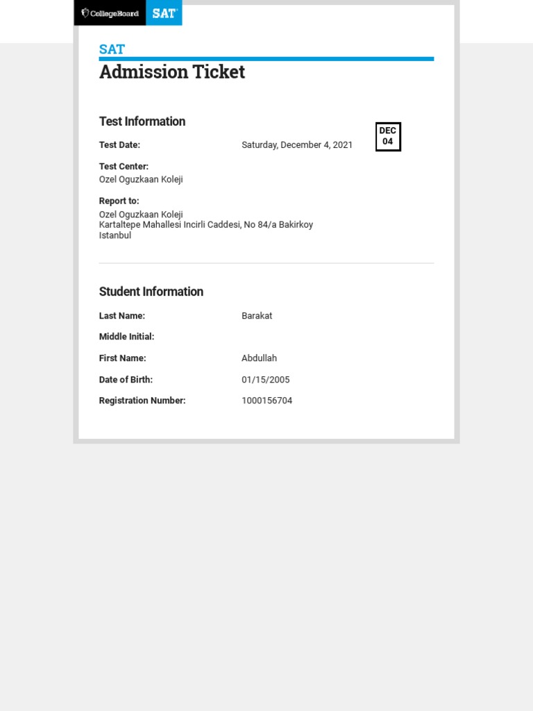 SAT Admission Ticket for Abdullah Barakat | PDF