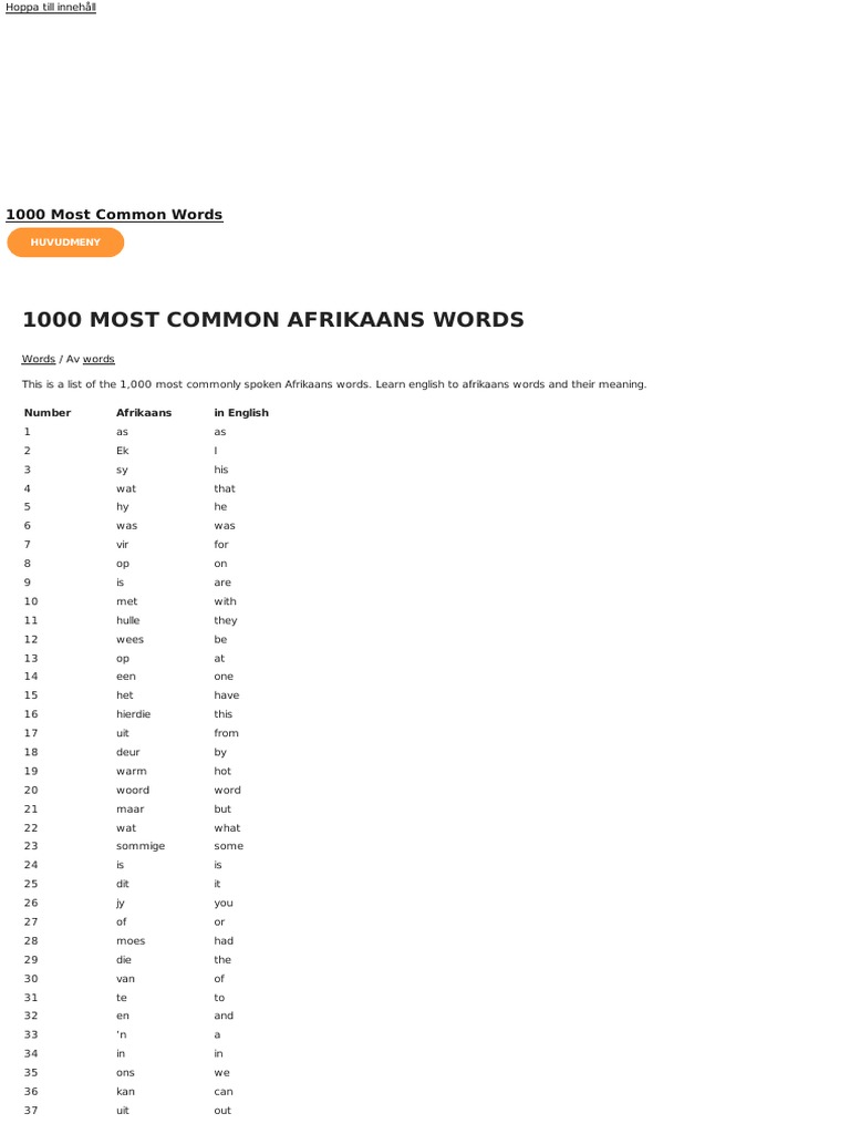 1000 Most Common Afrikaans Words - 100% Best List of Words | PDF