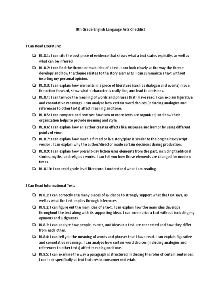 8th Grade ELA Skills Checklist | PDF | Verb | English Language