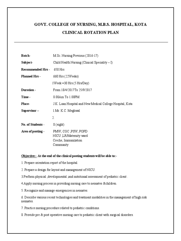 Clinical Rotation Plan for Child Health Nursing | PDF | Nursing ...