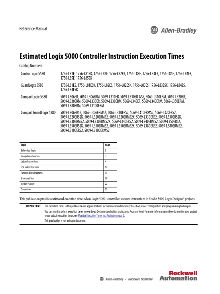 Estimated Logix 5000 Controller Instruction Execution Times Reference
