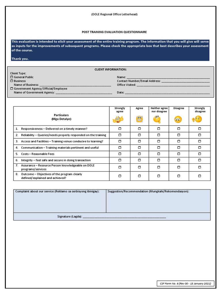 Post Training Evaluation Questionnaire | PDF | Evaluation | Cognition