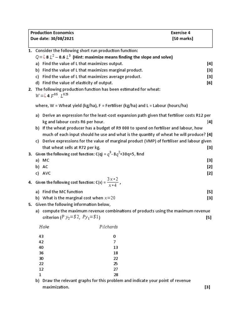 Production Economics Exercise 4. 2021 | PDF | Production Function ...