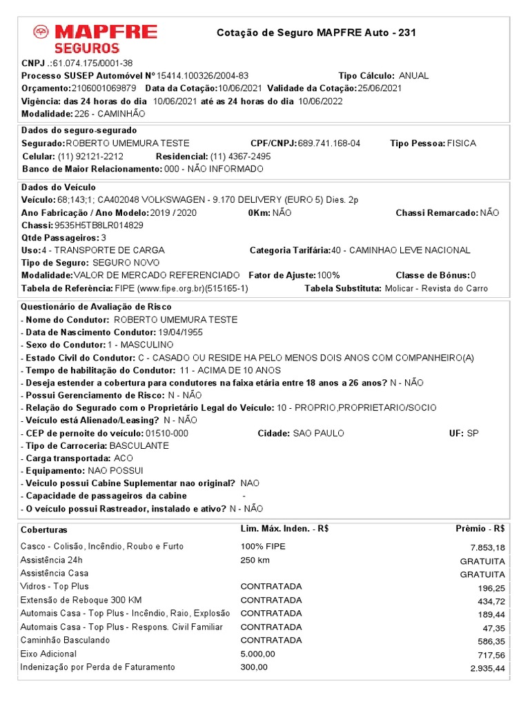 Cotação de Seguro MAPFRE Auto - 231 | PDF | Seguro | Carro