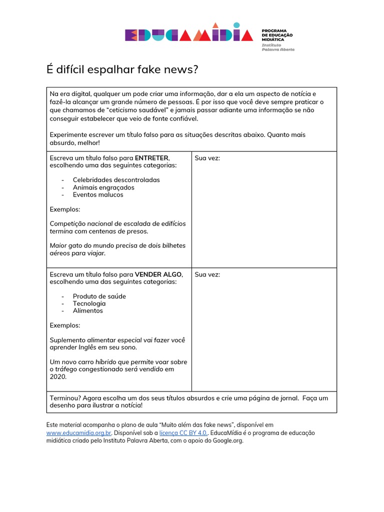 Atividade 1 - É Difícil Espalhar Fake News | PDF