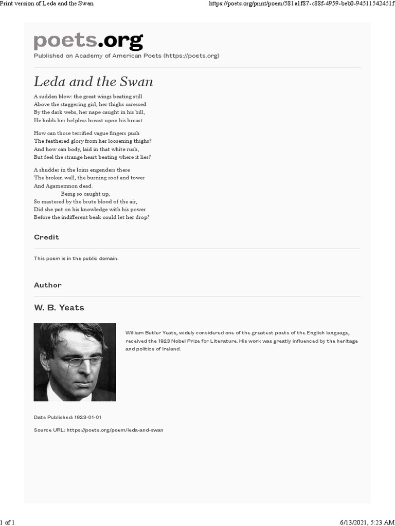 W. B. Yeats Leda and The Swan PDF