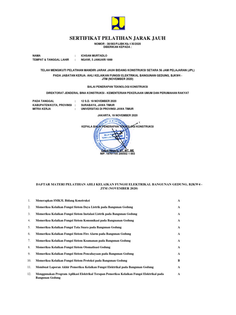 Sertifikat Pelatihan Konstruksi Elektrikal | PDF