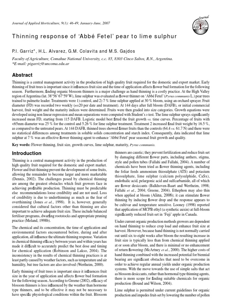 Thinning Response of Abbé Fetel' Pear To Lime Sulphur | PDF | Pear | Apple