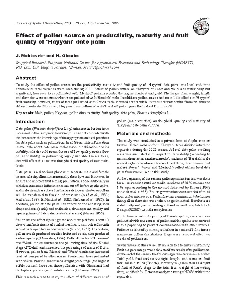 Effect of Pollen Source On Productivity, Maturity and Fruit Quality of ...