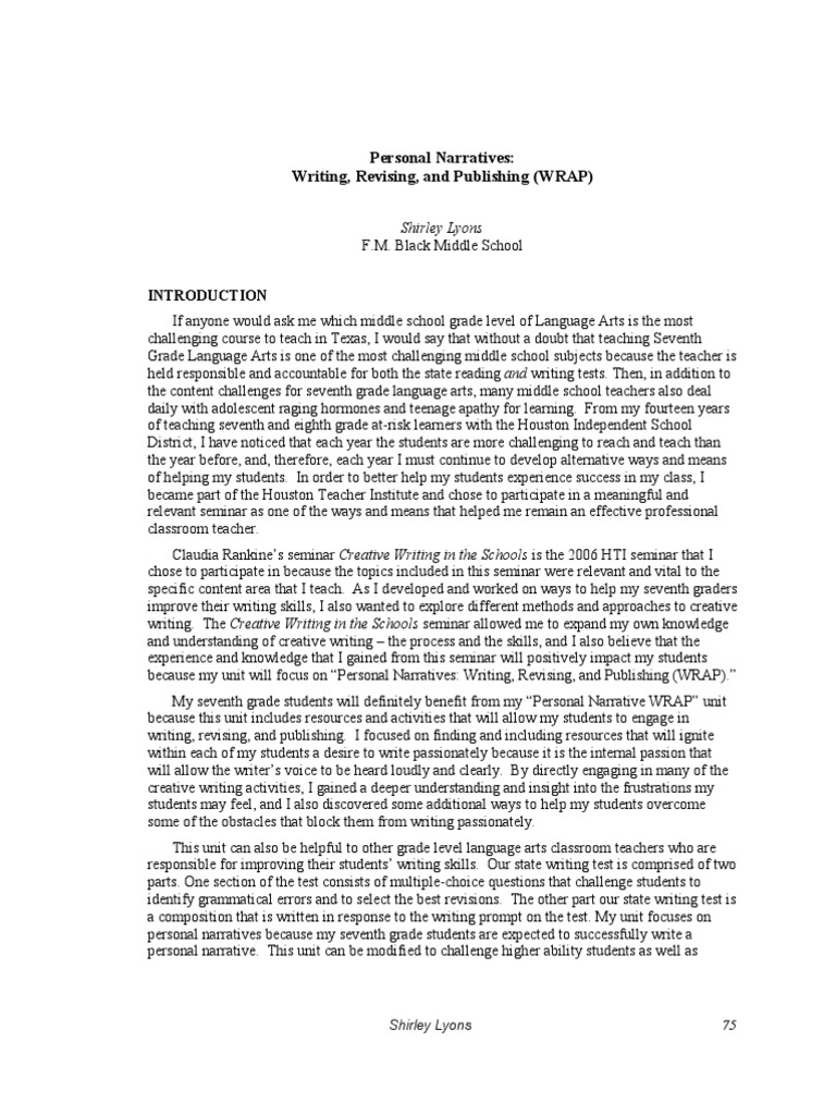 Seventh Grade Personal Narrative Unit | PDF | Narrative | Writing