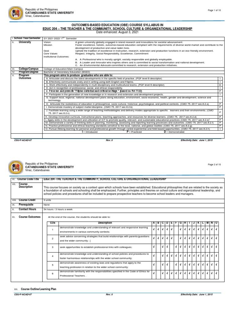 OBE Syllabus for Educ 204 Course | PDF | Leadership | Sociology