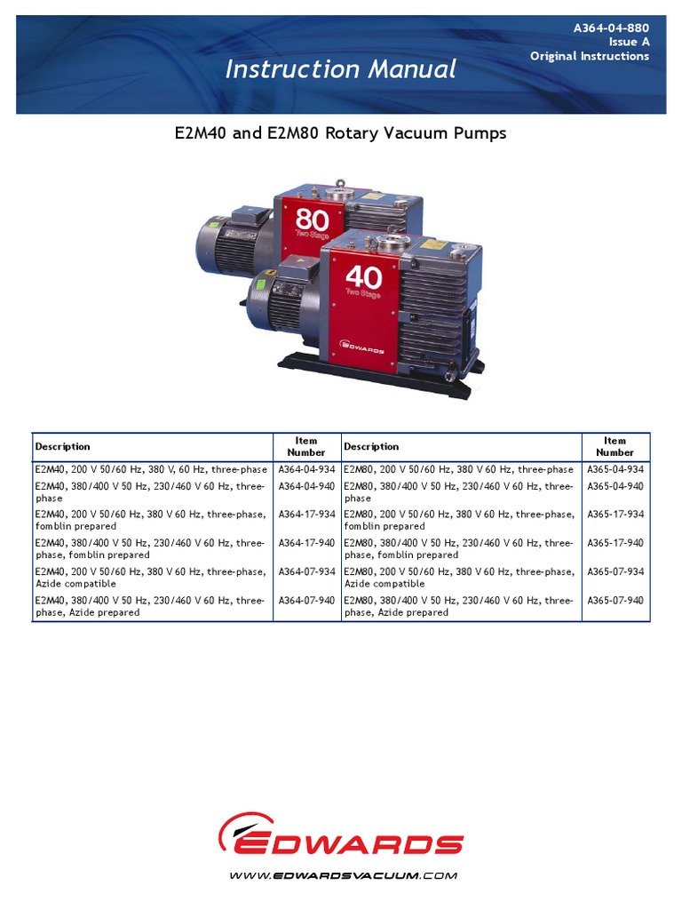 Instruction Manual E2M40 and E2M80 Rotary Vacuum Pumps PDF Pump