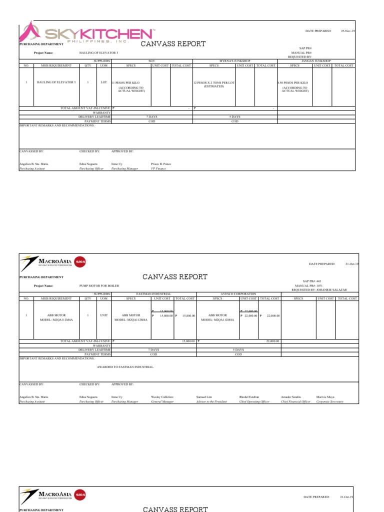 Canvass Report Purchasing Department Project Name PDF Column Masonry