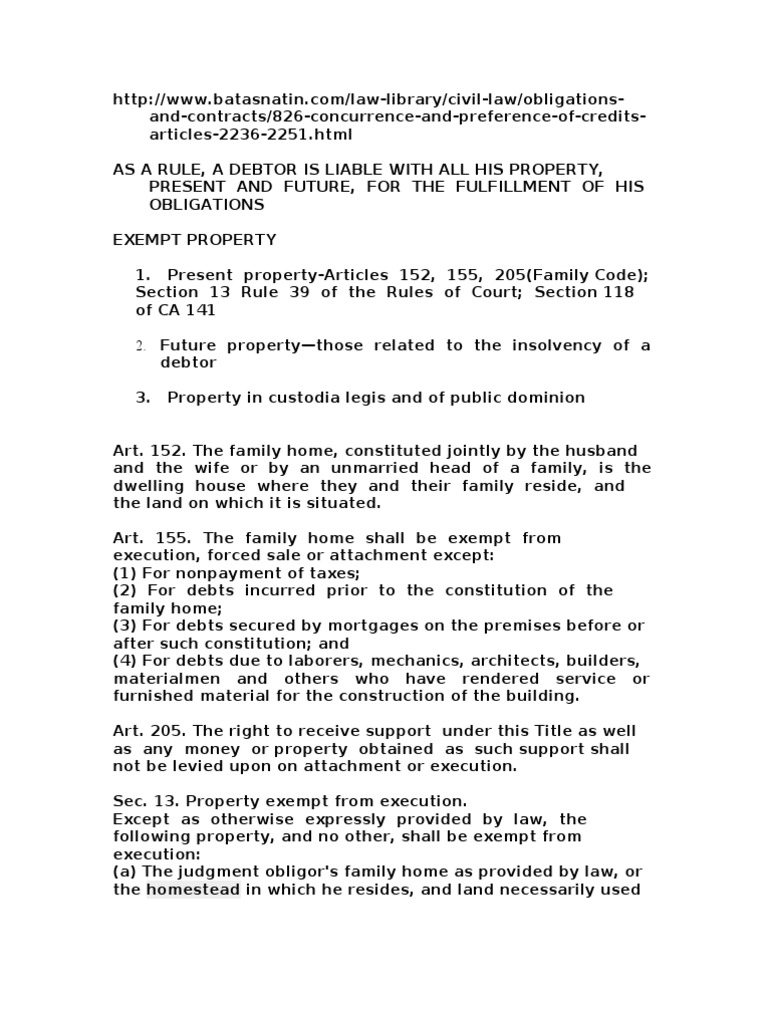 Properties Exempt From Execution PDF Bankruptcy Government