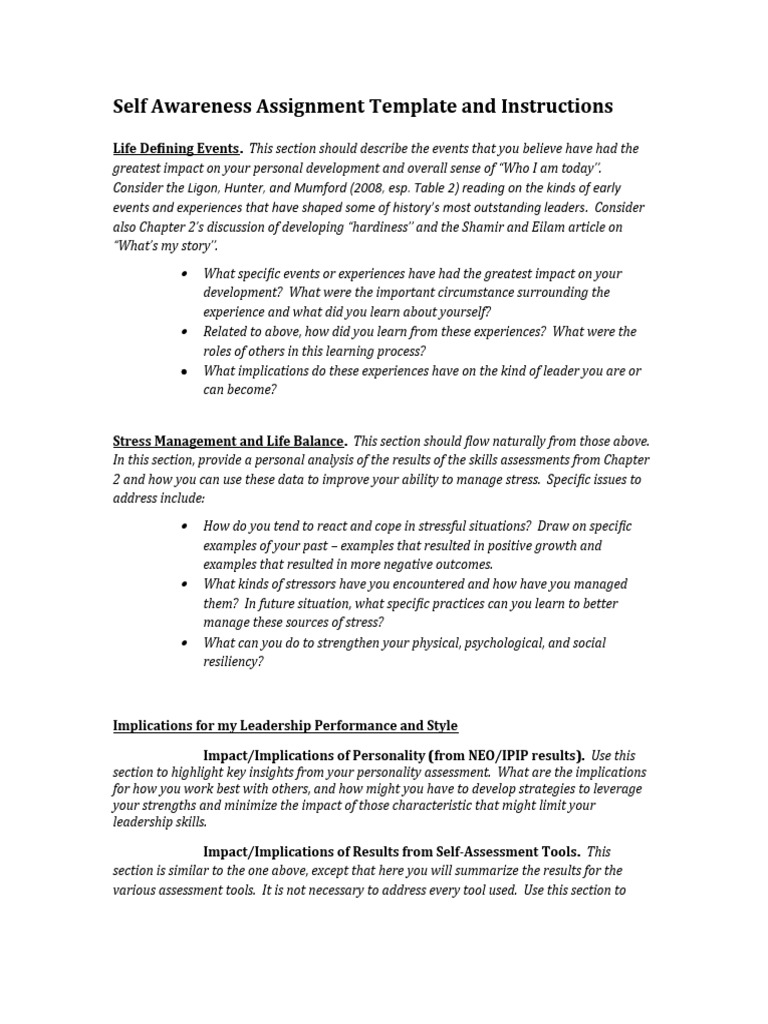 self awareness assignment pdf
