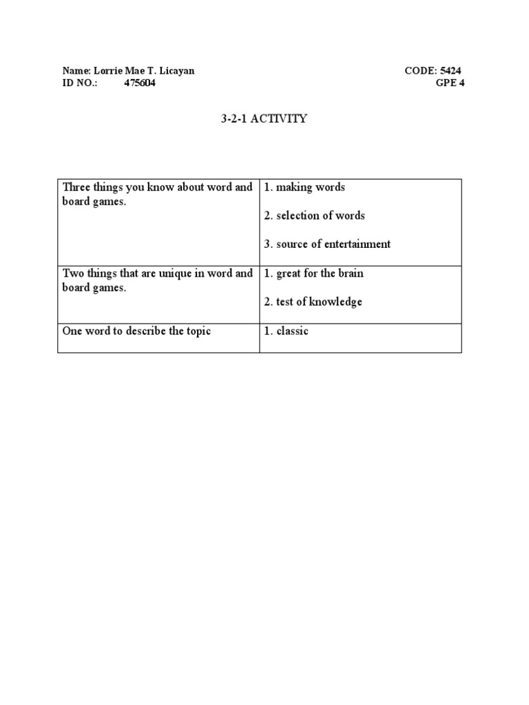 Template 3 2 1 ACTIVITY | PDF