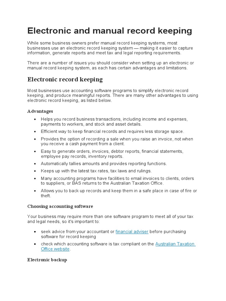 Electronic vs. Manual Record Keeping | PDF | Backup | Records Management