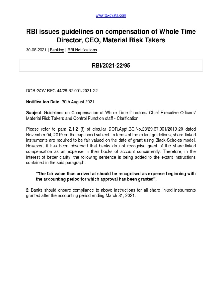 RBI Guidelines on Executive Compensation | PDF