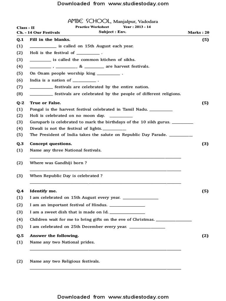 cbse class 2 evs practice worksheets 12 our festivals pdf festival observances