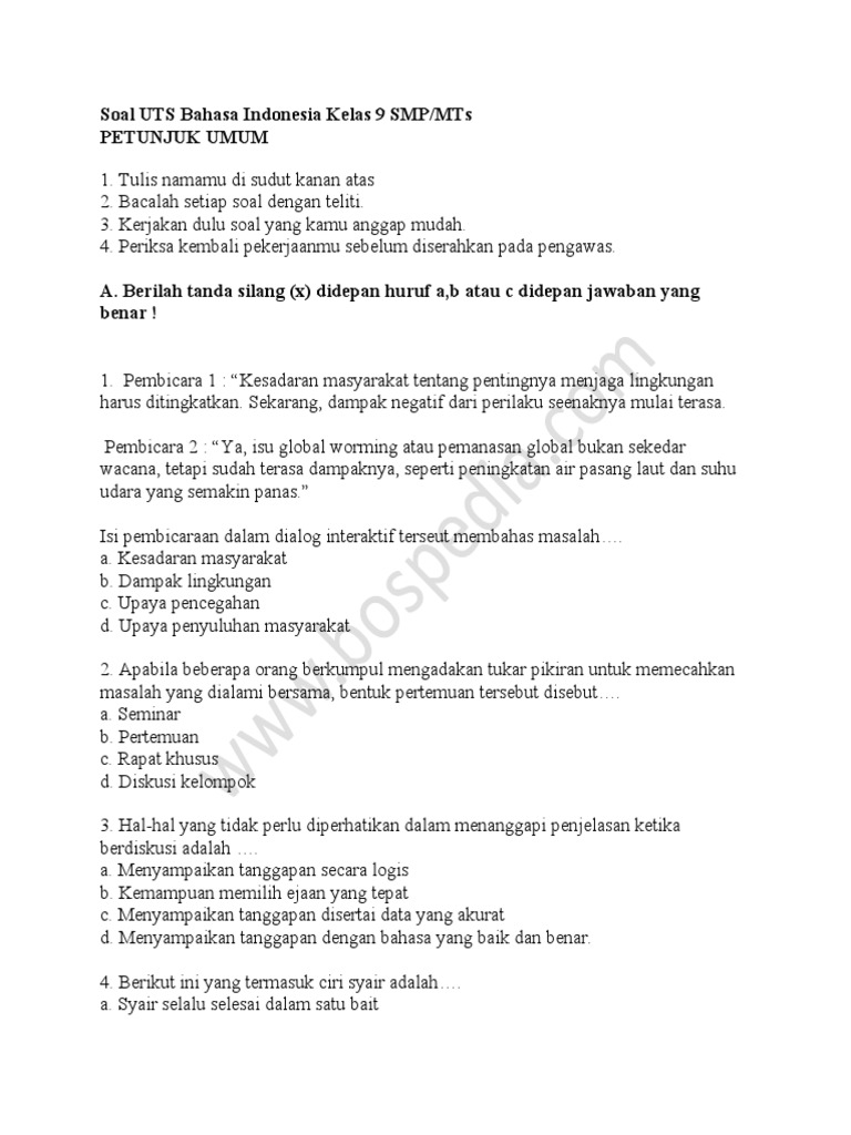 Soal UTS Bahasa Indonesia Kelas 9 | PDF