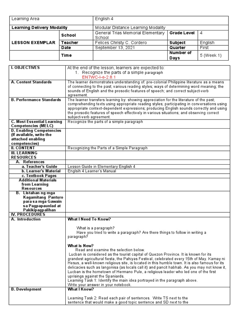 Grade 4 English Lesson Exemplar | PDF | Paragraph | Learning