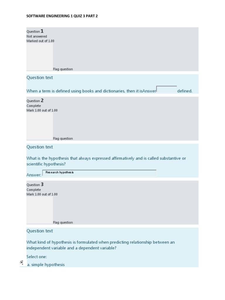 Software Engineering 1 Quiz 3 Part 2.2 | PDF | Hypothesis | Question