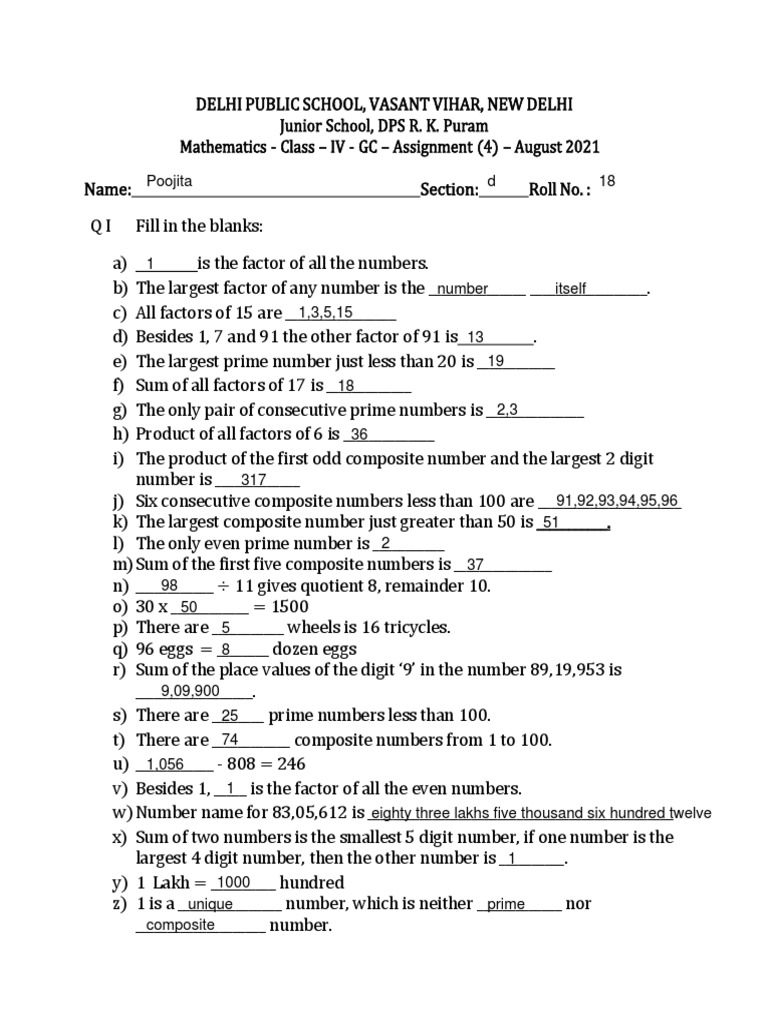 Class IV - GC - Assignment - 4 - August 2021 | PDF | Prime Number ...