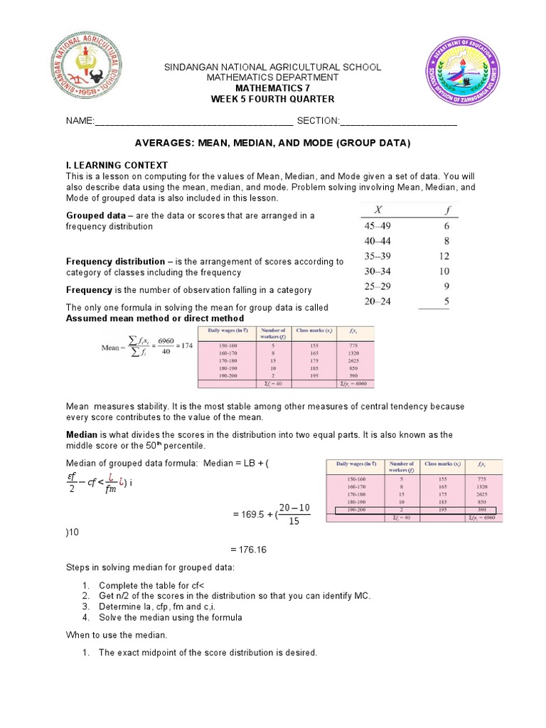 Averages: Mean, Median, And Mode (Group Data) : εf cf
