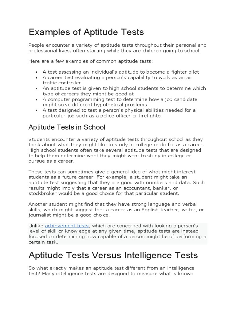 Examples of Aptitude Tests | PDF | Test (Assessment) | Intelligence