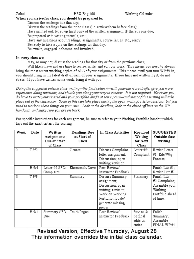 HSU Eng 100 New Calendar Effective 28 Aug | PDF | Behavior Modification