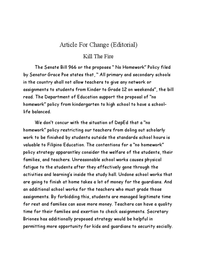 Article For Change (Editorial) : Kill The Fire | PDF | Homework | Teachers