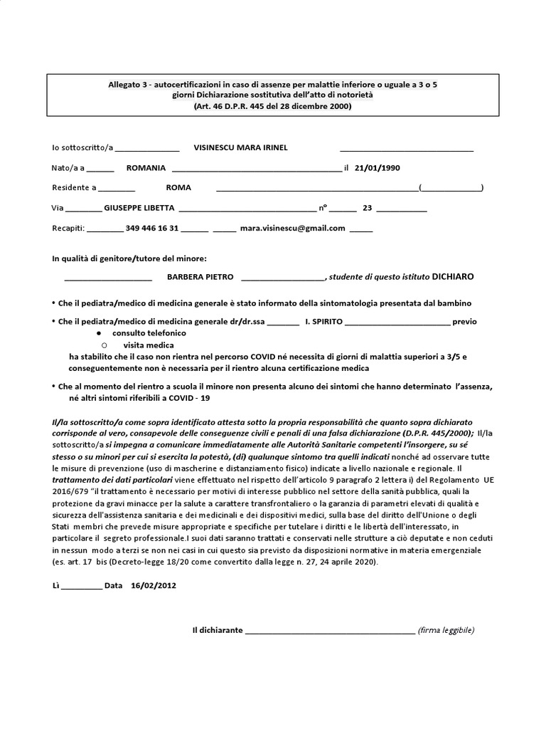 Autocertificazione Assenze PDF