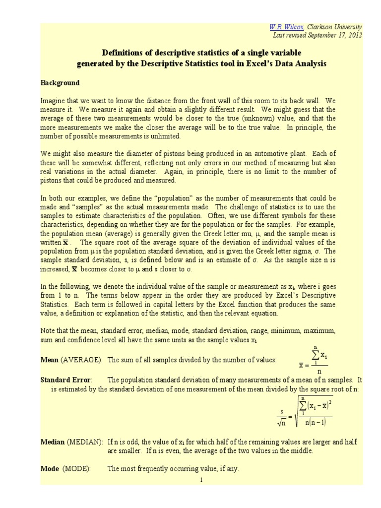 Definitions of descriptive statistics of a single variable generated by