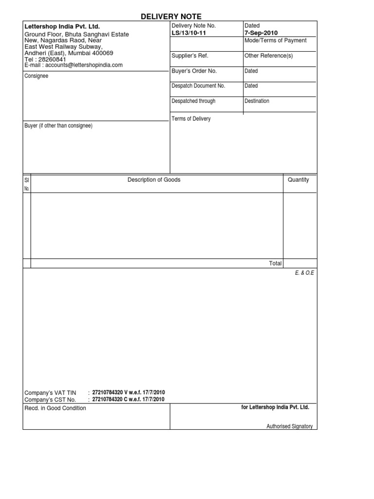 Delivery Note for Lettershop India Pvt. Ltd. | PDF