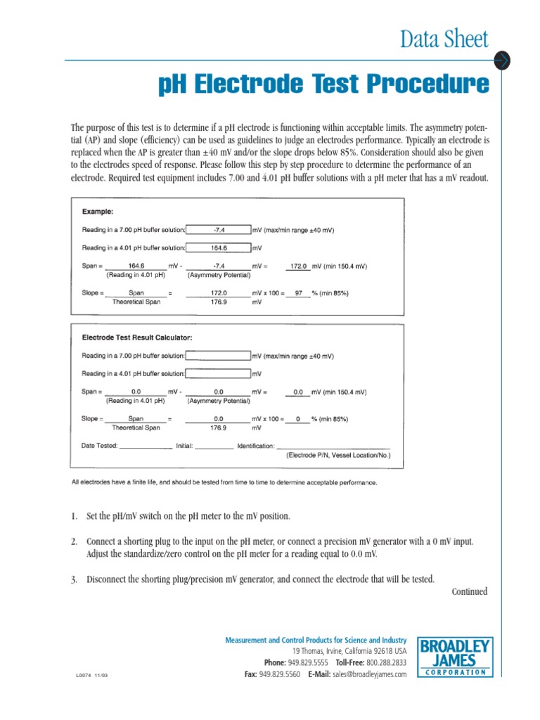 Data Sheet PH Electrode Test Procedure Phone 949.829.5555 TollFree