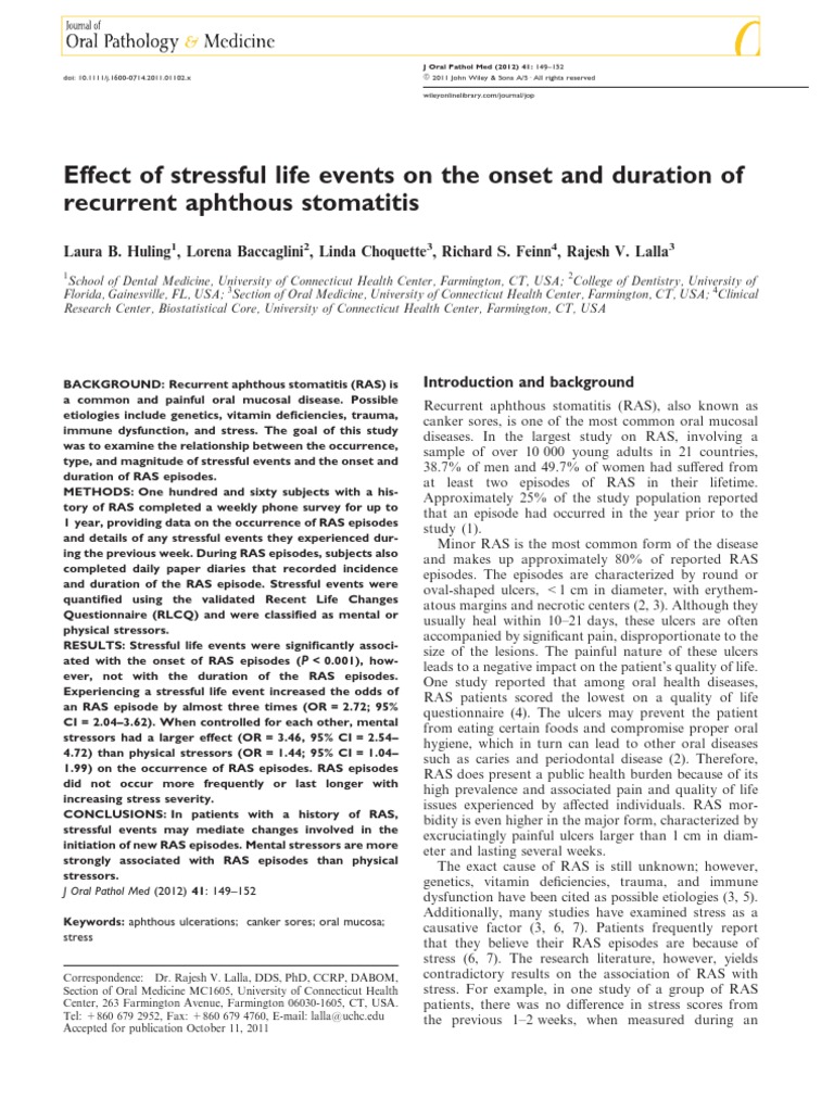 Effect of Stressful Life Events On The Onset and Duration of Recurrent ...