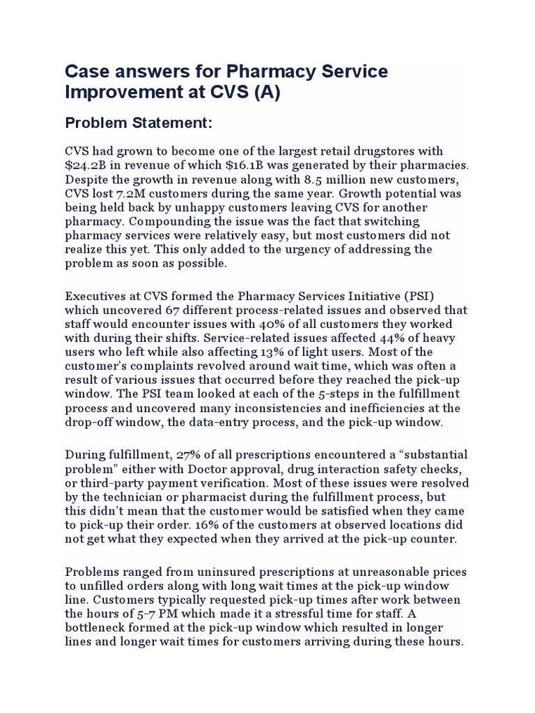 Case Answers For Pharmacy Service Improvement at CVS PDF Pharmacy