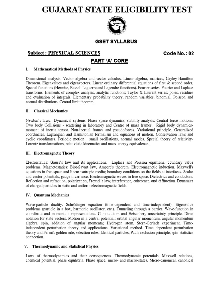 GSET 2025 Physical Sciences Syllabus | PDF | Electron | Spin (Physics)
