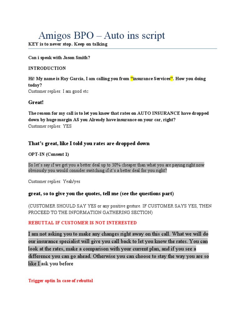 Auto Insurance Cold Call Script | PDF