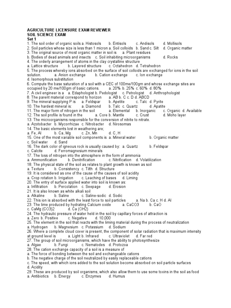 Agriculture Licensure Exam Reviewer Soil Science Exam Set 1 Pdf
