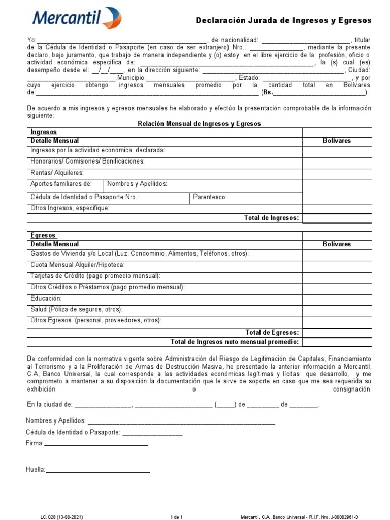 Declaración Jurada de Ingresos y Egresos | PDF | Economias