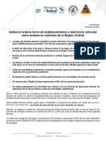 CP-485-2021 Gobierno Ordena Cierre de Establecimientos y Restricción Vehicular Entre Semana en Cantones de La Región Central