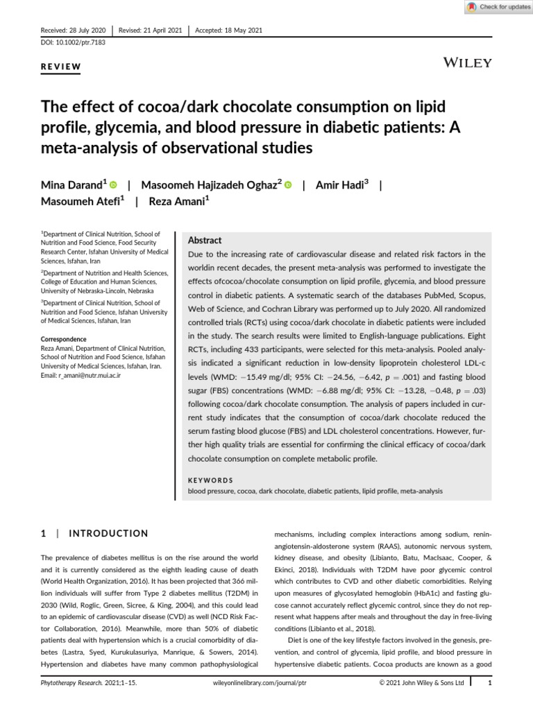 Effect Cocoa Dark Chocolate Consump Lipid Profile Glycemia Blood PDF