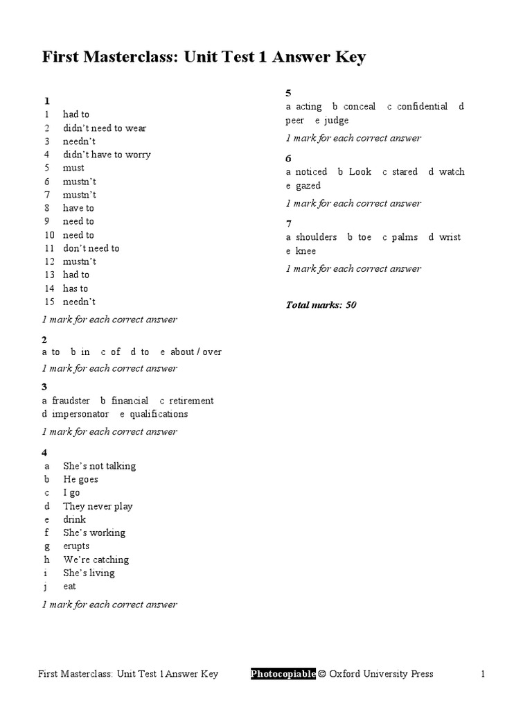 First Masterclass: Unit Test 1 Answer Key: 1 Mark For Each Correct ...