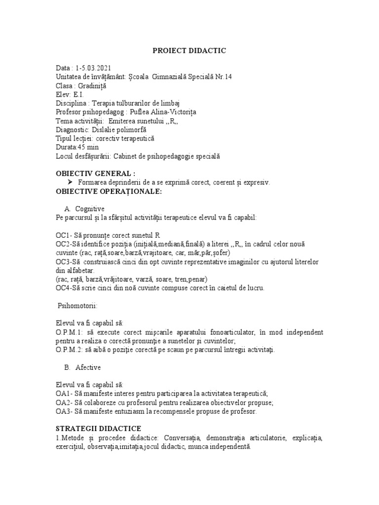 PROIECT DIDACTIC Impostarea Sunetului R | PDF