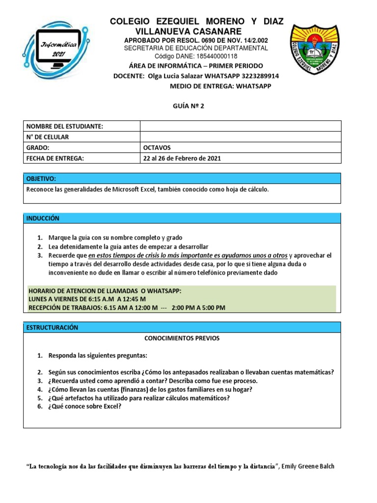 Guia 2 Informatica Grado Octavo | PDF | Microsoft Excel | Hoja de cálculo