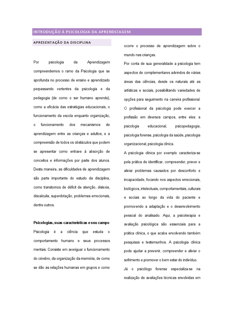 Psicologia da Aprendizagem e Educação | PDF | Aprendizado | Psicologia