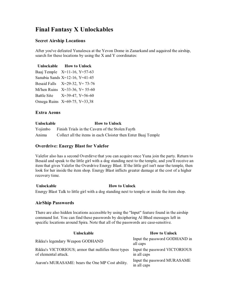 FFX Airship Passwords and Locations | PDF | Role Playing Video Games ...