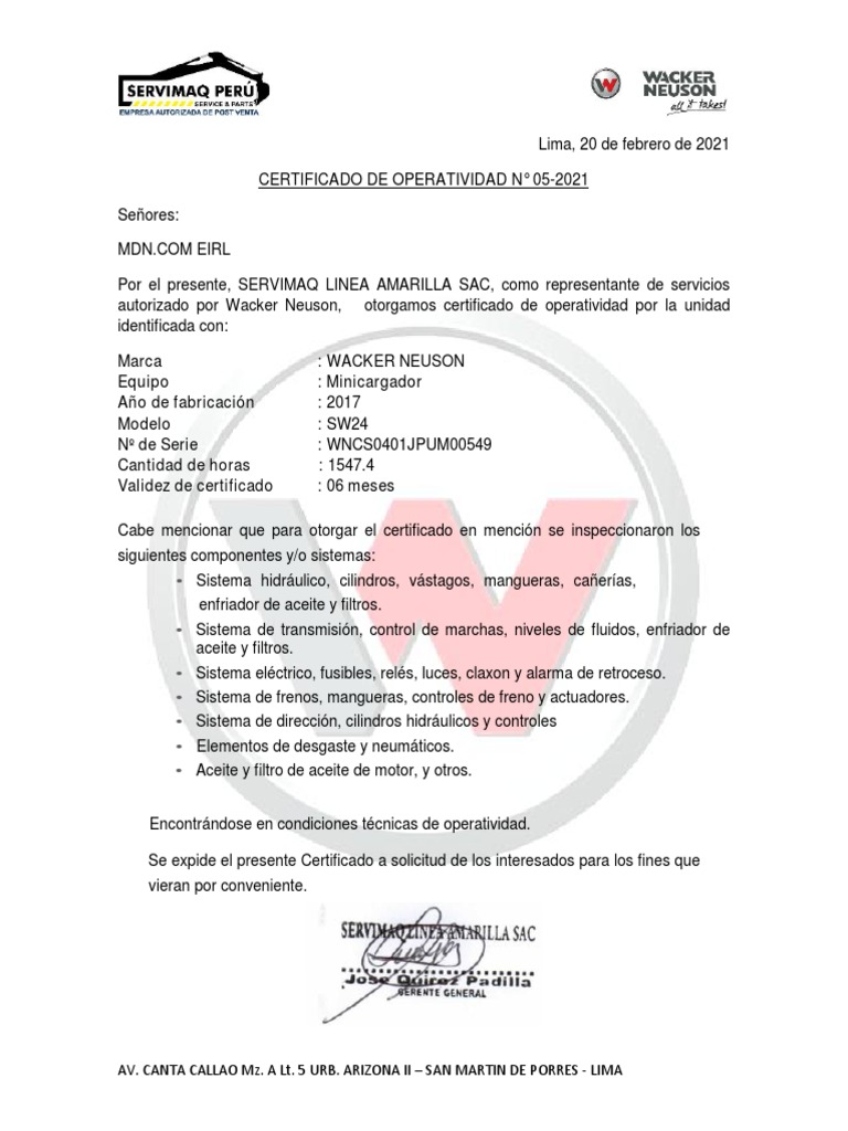 Certificado de Operatividad Wacker Neuson | PDF